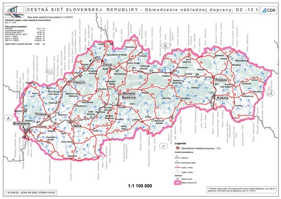 Prehľadová mapa SR - vyznačené DZ, kde platí zákaz pre vozidlá nad 12t