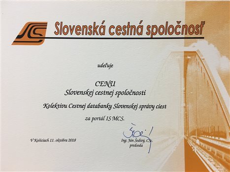 Cena Slovenskej cestnej spoločnosti za rok 2018 - kolektívu CDB