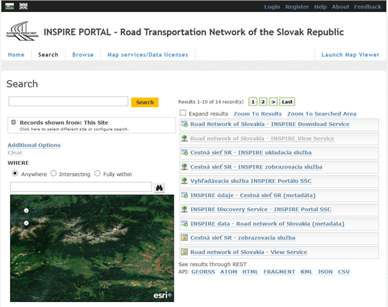 INSPIRE PORTAL - Road Transport Network SR , search