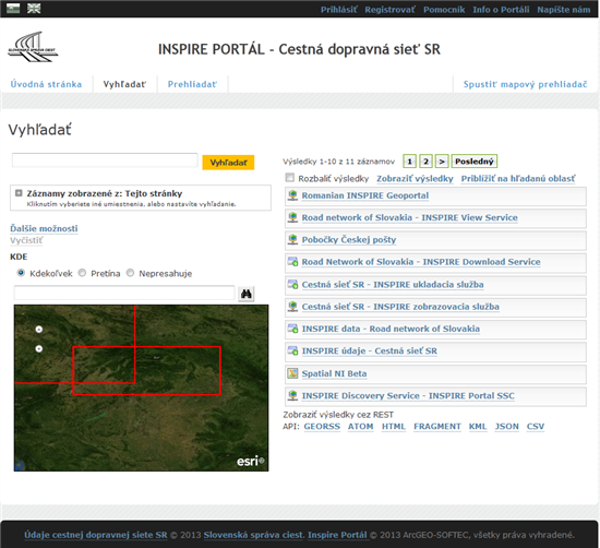INSPIRE PORTÁL - Cestná dopravná sieť SR , vyhľadanie