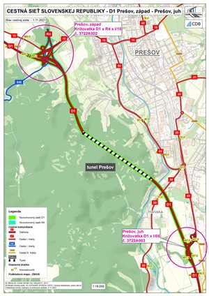 Mapa cestnej siete D1 Prešov, západ – Prešov, juh