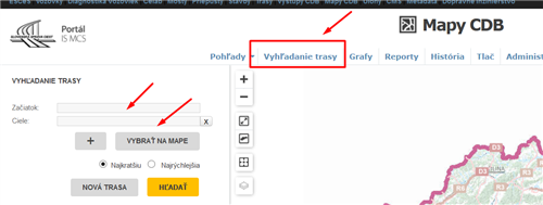 Mapy CDB - vyhľadanie trasy