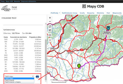 Mapy CDB /vyhľadanie trasy - tlač
