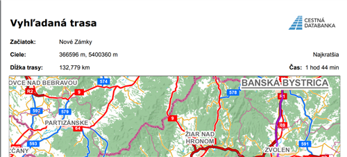 Mapy CDB, vyhľadanie trasy - vytlačená mapa