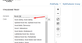 Vyhľadanie trasy - výber začiatku písaním názvu mesta/obce