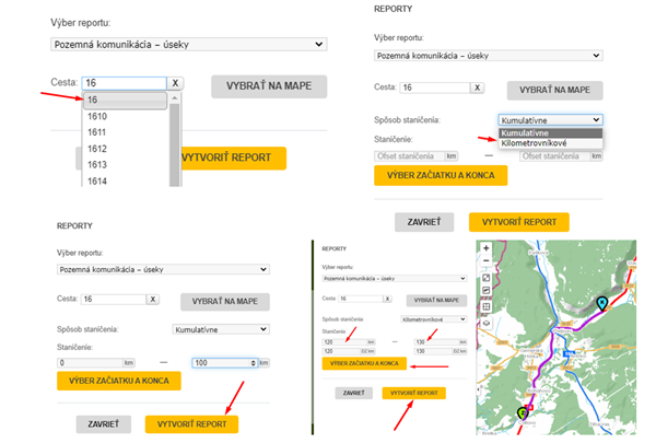 Reporty - výber cesty, staničenia