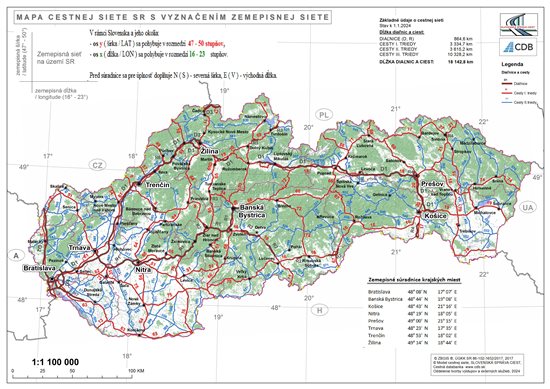 Mapa cestnej siete s vyznačenou zemepisnou sieťou 